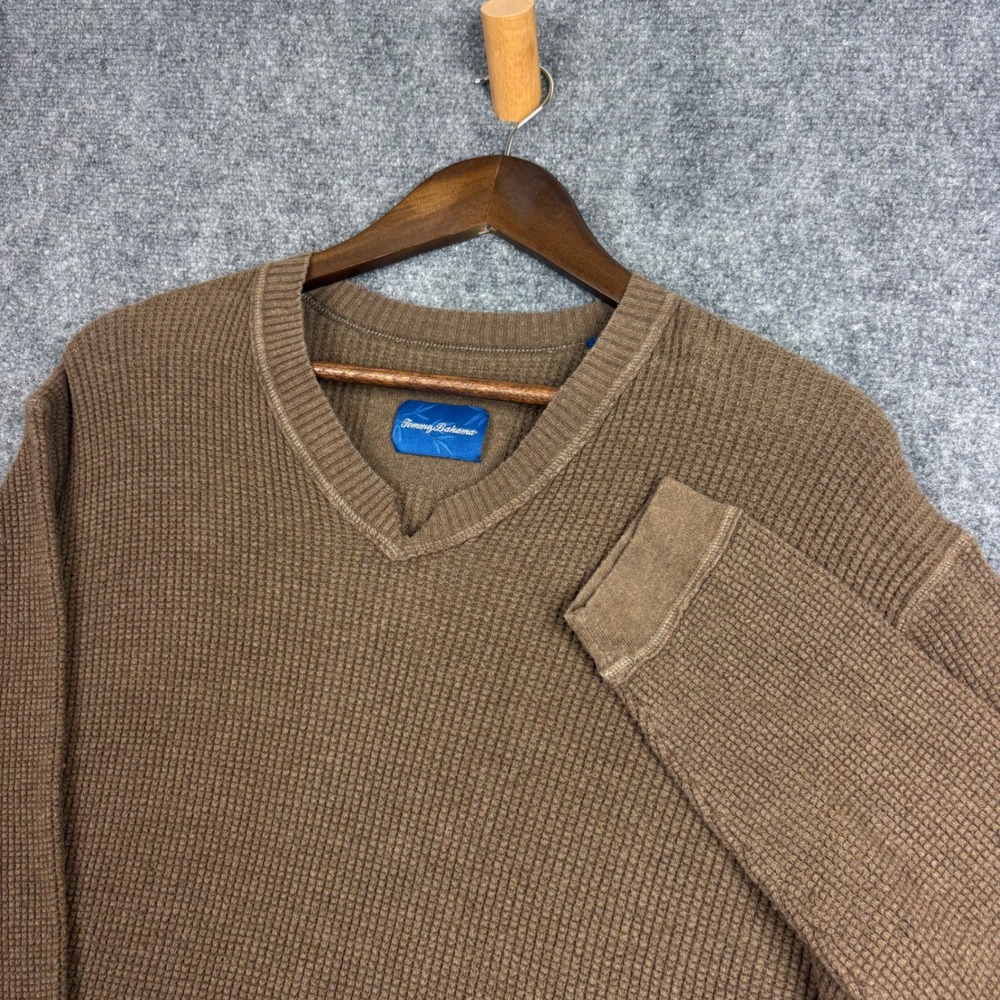 Tommy Bahama Mens Brown Waffle Knit V-Neck Cotton Wool Sweater Large L Pullover